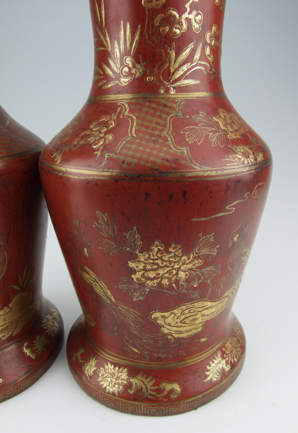 Pair Of Chinese Antique Lacquer Wooden Vases With Flower Pattern Ebay